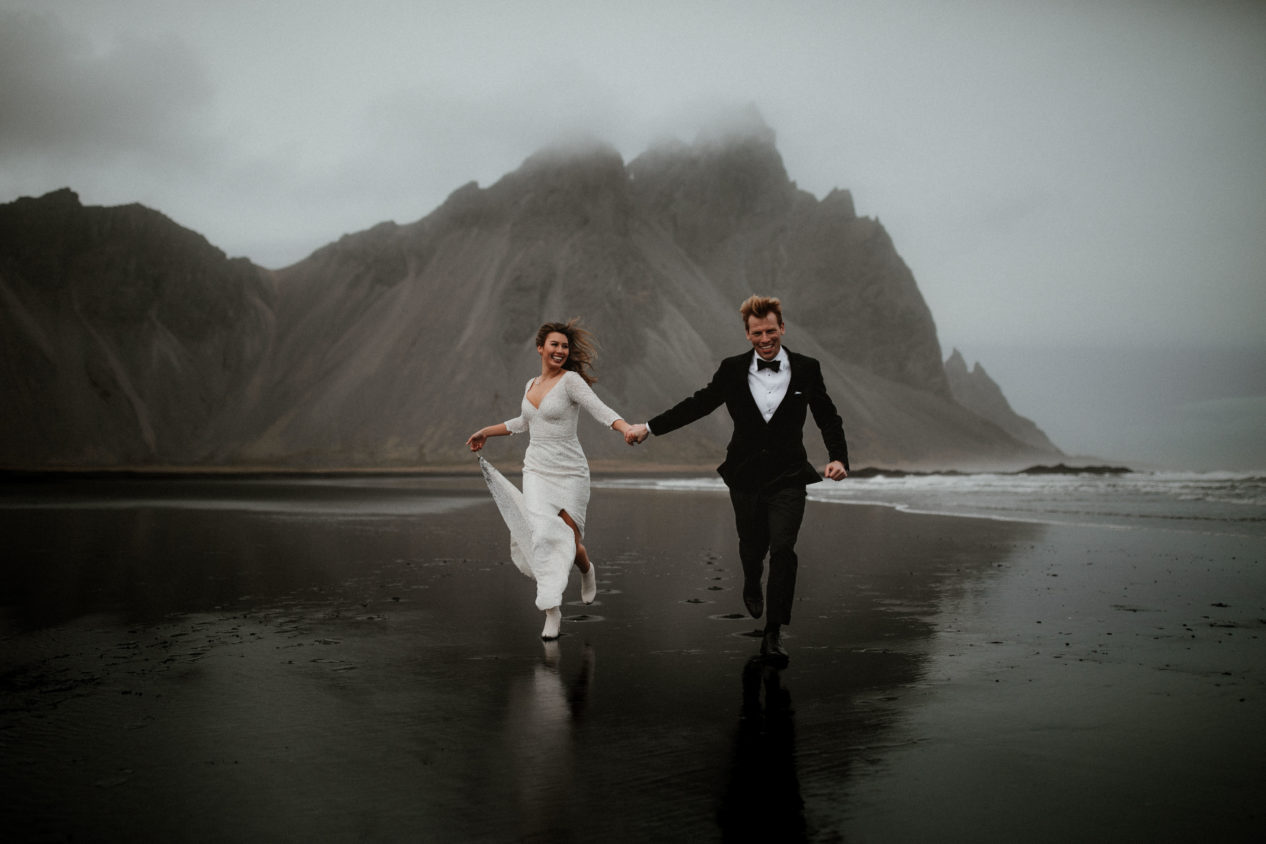 Editorial-style portrait of a couple on their wedding day